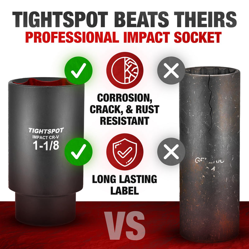 TIGHTSPOT 1/2 Inch Drive - 1 1/8 Inch Deep Impact Socket with Anti-Rounding 6 Point Design, Heat-Treated CRV Steel 1/2” Drive Deep Socket 1/2” Drive 1 1/8” Deep Impact Socket - 6pt