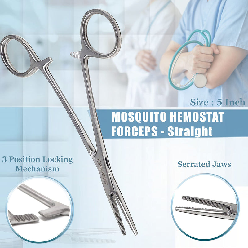 Mosquito Hemostat Locking Forceps 5" Straight with Full Serrated Jaws Ideal for Clamping, Fishing, Firefighters Nurses Doctors + More (Silver) Silver