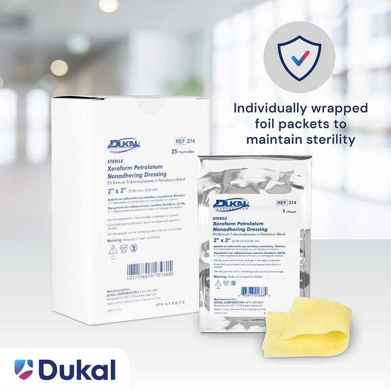 Dukal 214 Xeroform Petrolatum Gauze, Sterile, 2" W x 2" L 25 Count (Pack of 1)