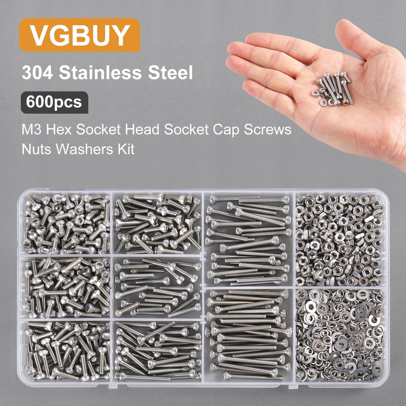 600pcs M3 Screw Assortment Kit, M3 Screws (8 Sizes 6-30mm) for 3D Printer DIY, Hex Socket Head Cap Screws Bolts Nuts Washer Kit, 304 Stainless Steel, M3 x 6/8/10/12/16/20/25/30mm M3x6/8/10/12/16/20/25/30mm