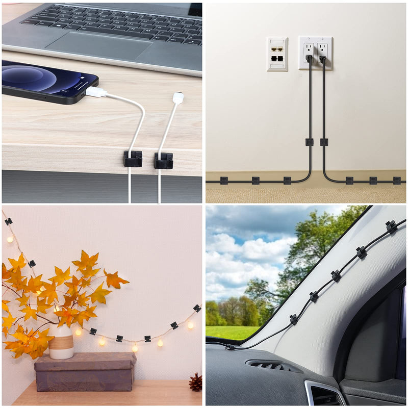 60 PCS Adhesive Cable Clips, Upgraded Wall Wire Clips for Cable Management, Strong Cord Clips Wire Holders for The Wall, Under Desk, Christmas Lights, Car, Dash Cam, Ethernet, Electric Wires Small Black