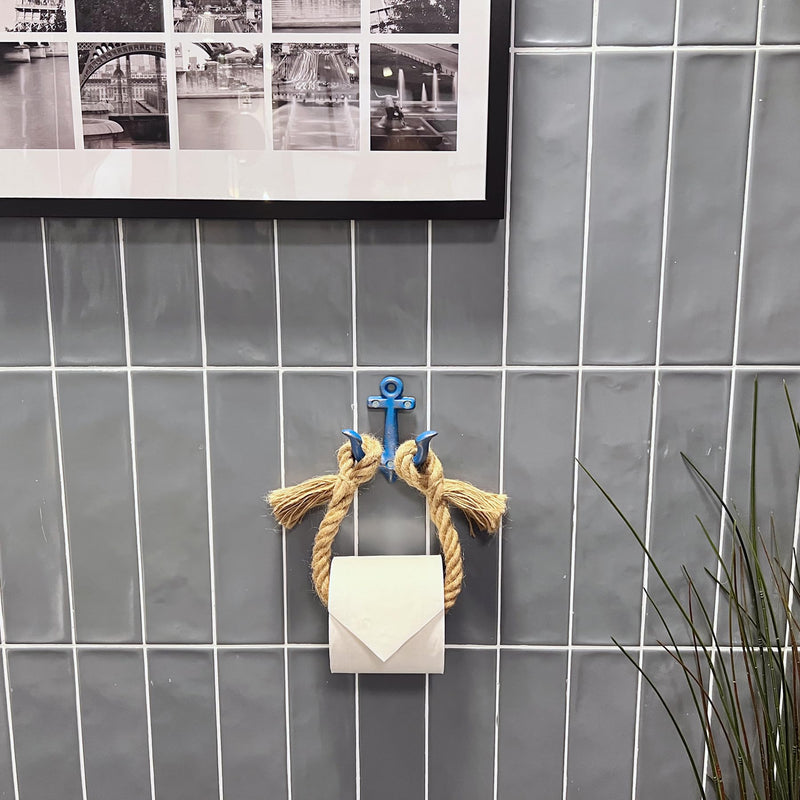 Nautical Toilet Paper Holder, Beach Rope Metal Anchor Hook Bathroom Decor Towel Rack Towel Ring, Wall Mount Coastal Themed Toilet Paper Roll Holder, Nautical Blue
