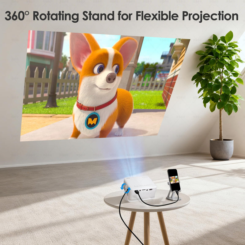 Mini Projector with WiFi and Bluetooth, AKIYO 2025 Upgraded Projector 1080P Support, 360° Rotating, Auto Keystone, Portable Projector for Home Theater/Outdoor, Compatible with iOS/Android/Laptop/PS5