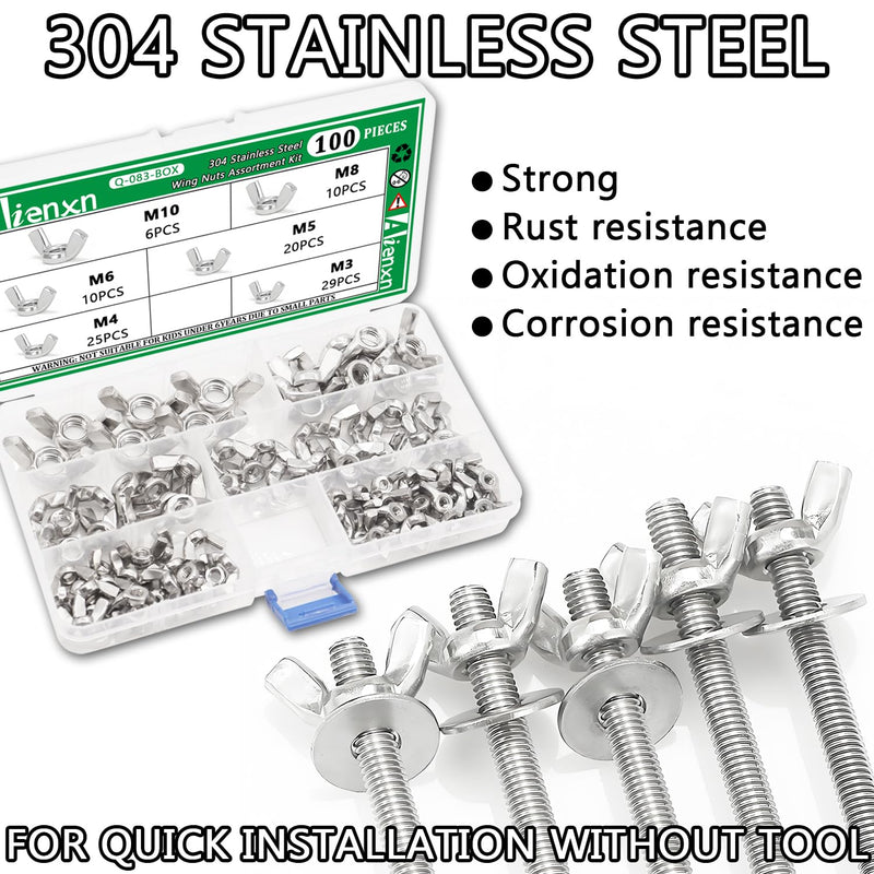100PCS Metric Sizes Wing Nuts Assortment Kit, 304 Stainless Steel M3, M4, M5, M6, M8, M10, Parts Butterfly Wing Nut, Wingnuts Fasteners M3 -M10 (100PCS)