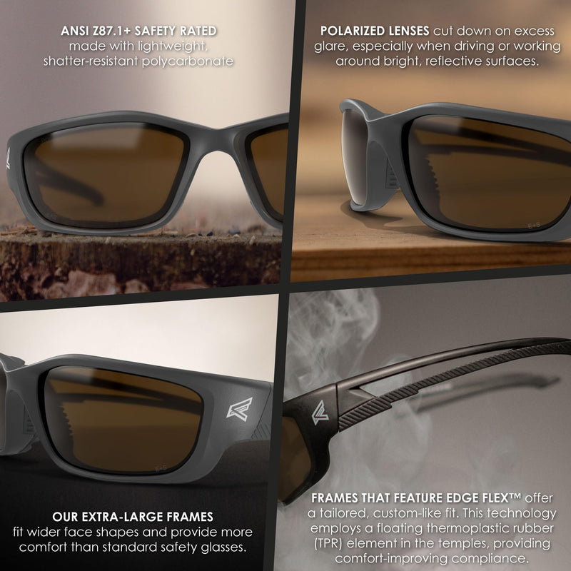 EDGE Kazbek XL Wrap-Around Safety Glasses, Anti-Scratch, Non-Slip, UV 400, Military Grade, ANSI/ISEA & MCEPS Compliant Black Frame Polarized Copper