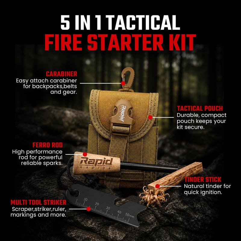 Rapid Radios Fire Starter Kit | Ferro Rod Fire Starter with Striker, Wax-Coated Tinder & Waterproof Storage | Survival Fire Starting Kit for Camping, Hiking, Hunting & Emergency Preparedness