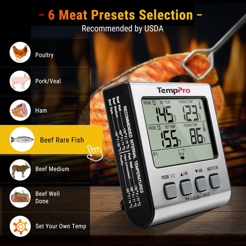 TempPro TP17 Dual Probe Digital Cooking Meat Thermometer Large LCD Backlight Food Grill Thermometer with Timer Mode for Smoker Kitchen Oven BBQ, Silver (Previously ThermoPro) 2-probes