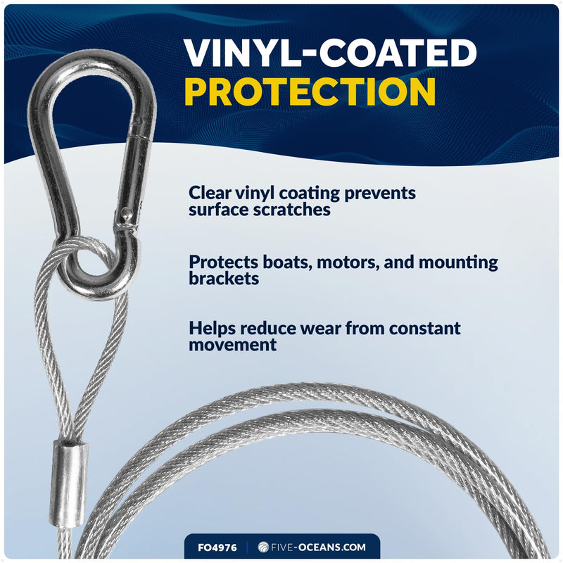 Five Oceans 4 Ft Outboard Safety Cable 3/16" with Snap Hook - Vinyl-Coated Steel - Security Cable for Boat Engine Brackets - FO4976