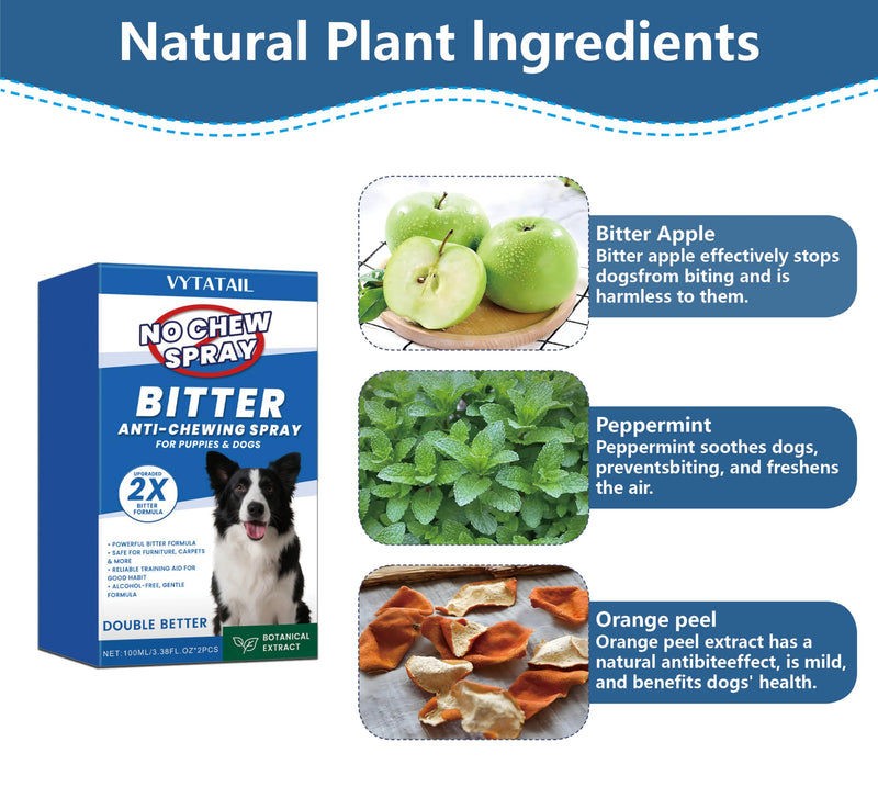 No Chew Spray for Dogs, No Chew Deterrent to Stop Chewing Furniture & Licking Hot Spots, Natural & Alcohol-Free, Indoor/Outdoor Use (2 X 3.38 fl oz)