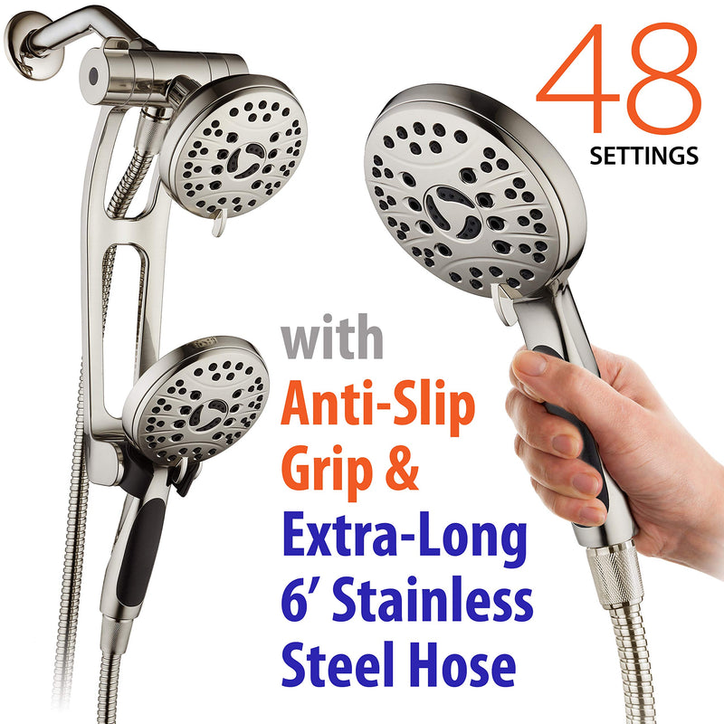 High Pressure 48-mode Luxury 3-way Combo with Adjustable Extension Arm – Dual Rain & Handheld Shower Head – Extra Long 6 Foot Stainless Steel Hose – All Brushed Nickel Finish – Top US Brand