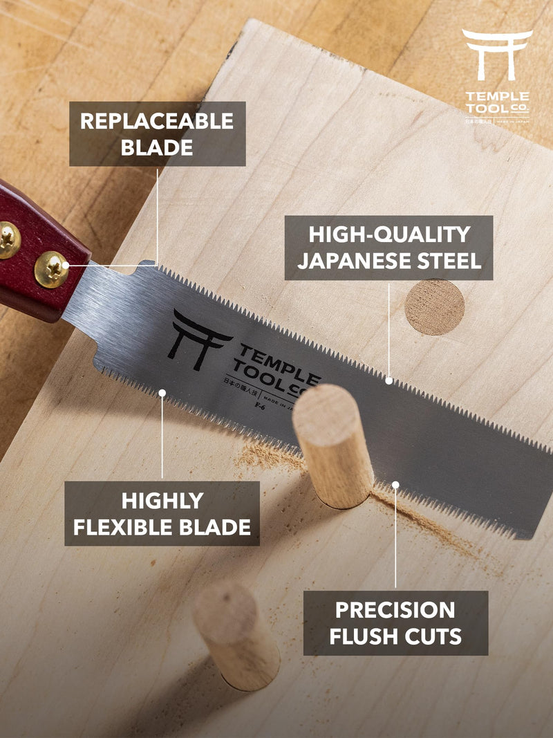 Japanese Flush Cut Saw - 6 Inch Double Edge Pull Saw for Flush Cutting Dowels, Pegs, Wedges - Hardwood Softwood Hand Saw - Small Wood Saw - Temple Tool Co.