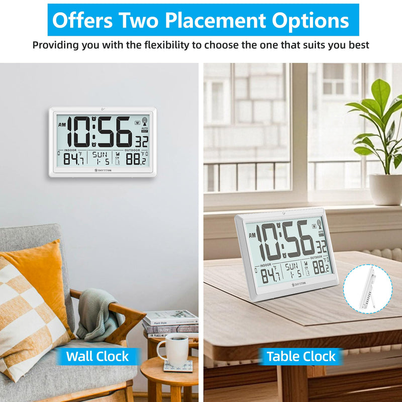 Atomic Clock Wall with Indoor/Outdoor Temp, Battery Operated Digital Wall Clock with 10.5" Large LCD Display, 330ft Range Desk Table Clock with Alarm, DST, Calendar for Living Room Bedroom, White
