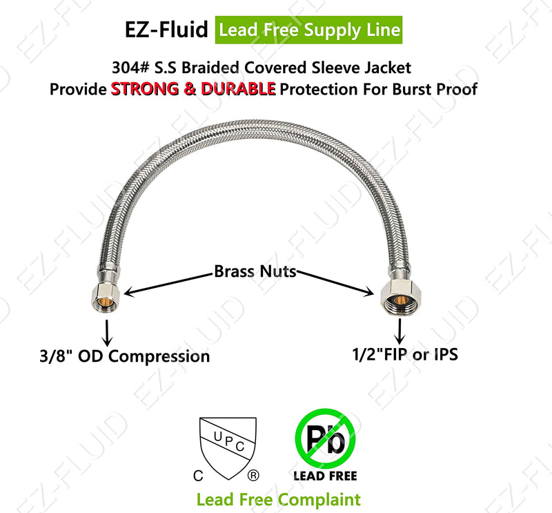 EZ-Fluid (10) 16" Water Supply Line,1/2" Fip x 3/8" Comp LF,Brass Nuts,Universal Stainless Steel Braided Faucet Water Supply Line Connector,Water Supply Hose Connector Lines For Kitchen,Bathroom 1 Pack of 10-16Inches