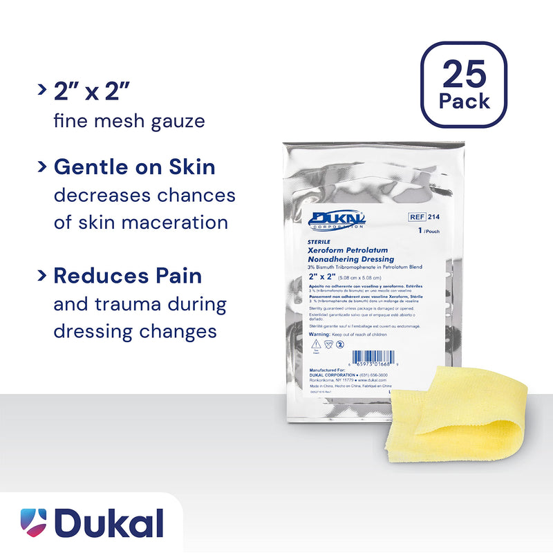 Dukal 214 Xeroform Petrolatum Gauze, Sterile, 2" W x 2" L 25 Count (Pack of 1)