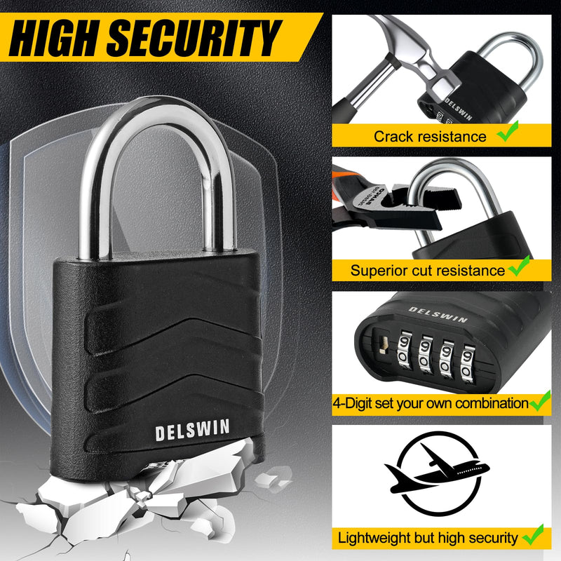 DELSWIN 3 Pack Large Combination Padlock - 4 Digit Resettable Combo Lock with Hardened Steel Shackle, Security Aluminum Body, Weatherproof Combination Lock for Gym Locker, Gate, Shed, Fence, School Black, 3 Pack