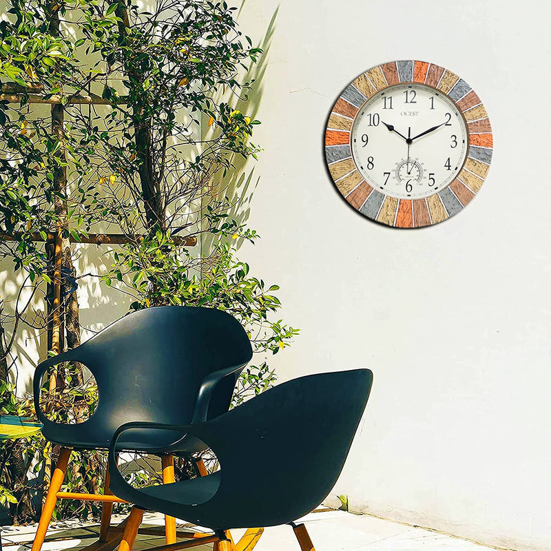 OCEST 13 Inch Indoor Outdoor Clock Waterproof with Thermometer, Weather-Resistant Non-Ticking Battery Operated Decor Clock for Patio, Pool, Lanai, Fence, Porch, Garden (Yellow) Yellow