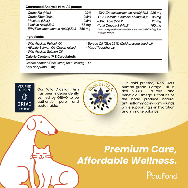 Fish Oil for Dogs & Cats - Wild Alaskan Salmon & Pollock Oil, Omega 3 EPA DHA, Borage Oil GLA 22%, Anti-Itch & Allergy Relief, Skin & Coat Supplement, Joint & Immune Support, 100% Natural, 8oz Pump 8 FL OZ