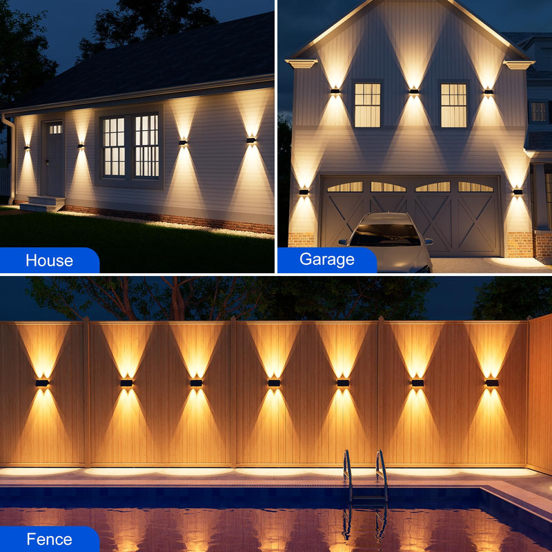 4 Pack Solar Powered Wall Lights for Outside Up and Down Fence Mount LED Outdoor Decorative Waterproof Lamps for Porch, Deck, Patio, Yard, Garden, 4 Lenses Designed for Accent Lighting (Warm White) 4 Pack Warm White