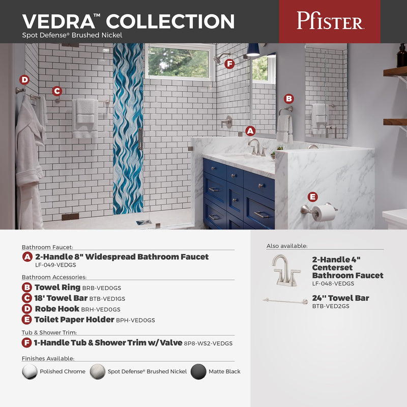 Pfister Vedra Towel Hook, Bathroom Towel & Robe Hook, Wall-Mounted, Screw-in, Spot Defense Brushed Nickel Finish, BRHVED0GS