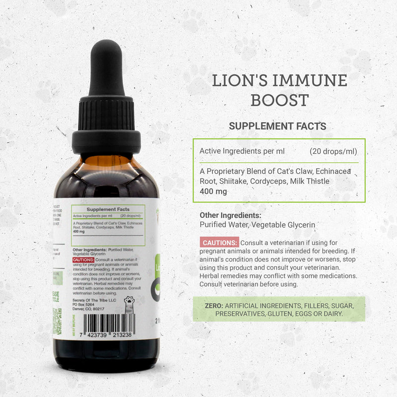 Lion's Immune Boost | Natural Herbal Dietary Supplement | Immune Support in Cats | Alcohol-Free Extract, Cat's Claw, Echinacea Root, Shiitake, Cordyceps, Milk Thistle 2 oz - PawsPlanet Australia