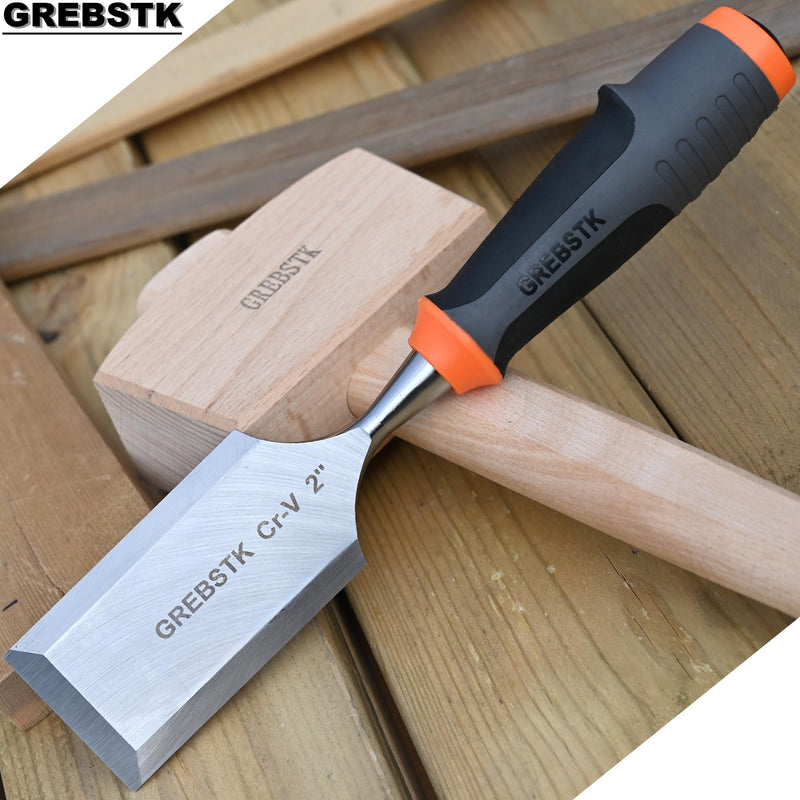 GREBSTK 2 inch Professional Wood Chisel for Woodworking, CR-V Steel Bevel-Edge Bench Chisel, Comfortable Extra Large PVC High Impact Handle