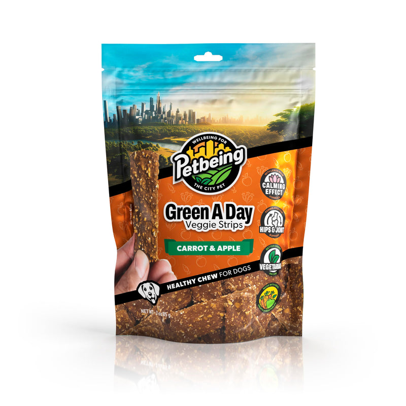 Green A Day Veggie Strips for Dogs | Carrot & Apple Vegetarian Supplement Chews | Healthy Fruit & Vegetable Treats | 4 Pack, 3 oz Bags Carrot, Apple