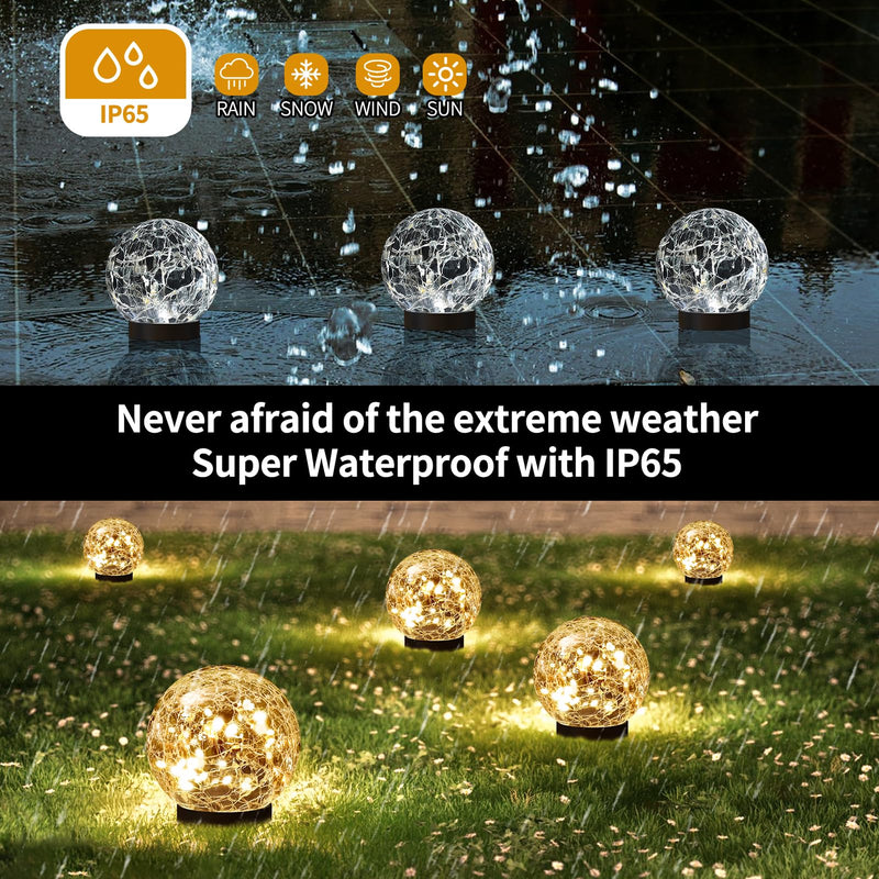 Solar Globe Lights Outdoor Waterproof - Cracked Glass Ball Lights for Garden, Patio, Yard, Lawn and Backyard Decor - Solar Orbs for Outside Decorations 4 Globes Warm White