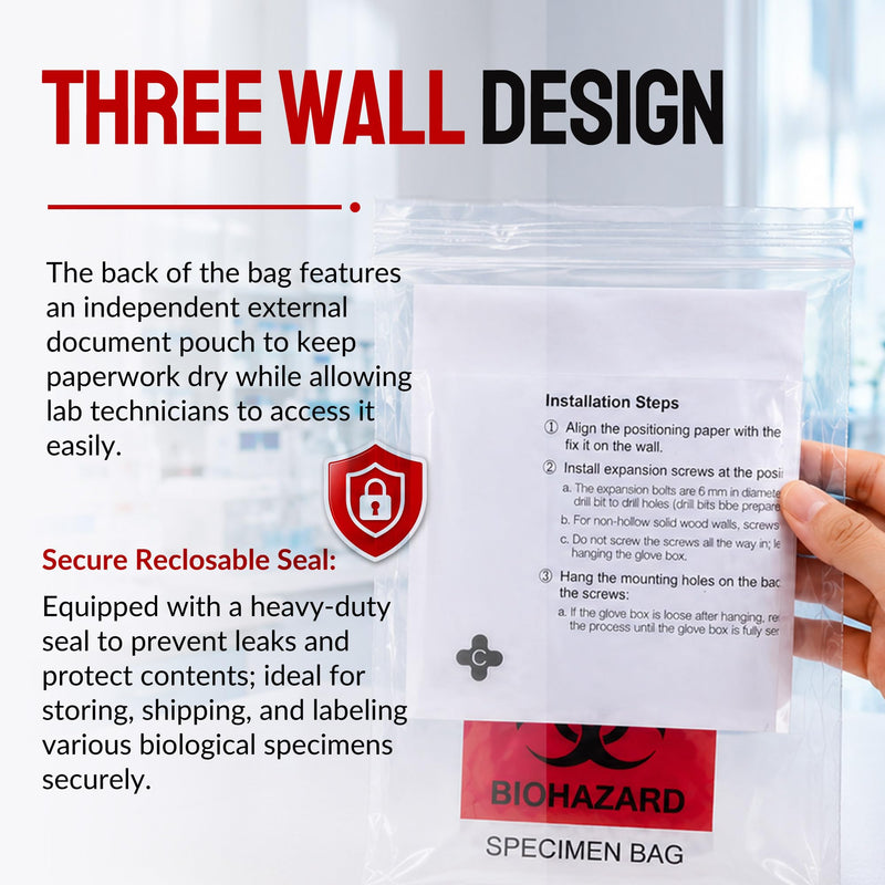 Biohazard Specimen Bags 6x9, Lab Sample Bags with Outer Pouch, 500-Pack | Reclosable seal bag with red biohazard logo. Features outside pocket for paperwork. Ideal for lab sample storage. 500 PCS