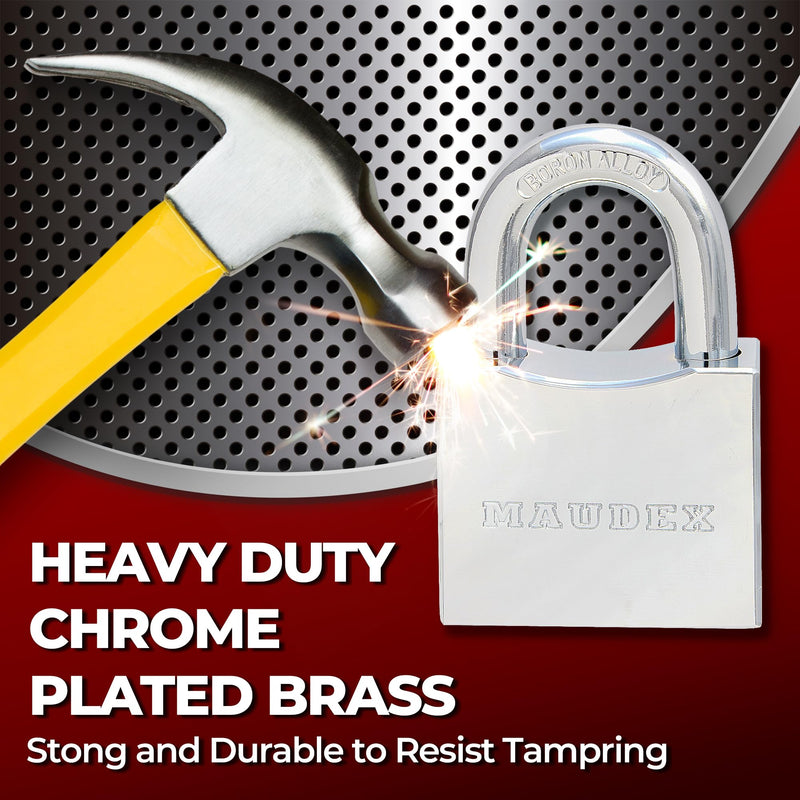 Maudex® RPB50 Heavy Duty Padlock with 5 Keys - 10mm Cut Resistant Hardened Shackle - Weatherproof Chrome Body | Small Keyed Lock for Gym & School Lockers, Gates 50 mm Silver