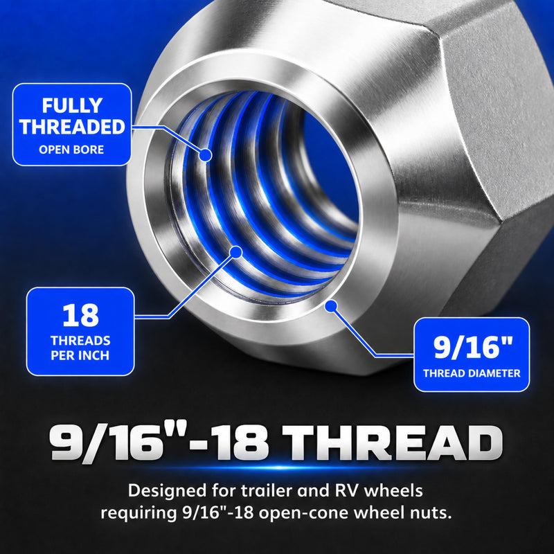 MIGHTY FASTENERS 304 Stainless Steel Open Cone Wheel Nuts, 9/16"-18 Thread, Ideal for Trailers and RVs, Corrosion Resistant, 20-Pack