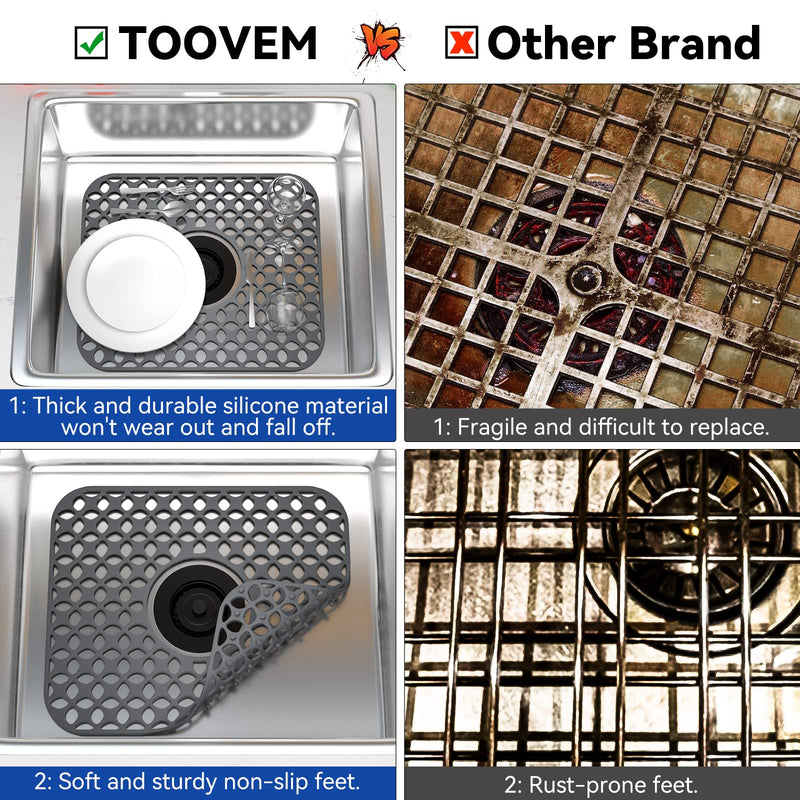 Kitchen Sink Mats, TOOVEM 2PCS Non-Slip Heat Resistant Silicone Sink Protector Mat for Bottom of Stainless Steel Porcelain Sink, Folding Farmhouse Rear Drain Sink Mats, Center Drain Grey-Center Drain-1