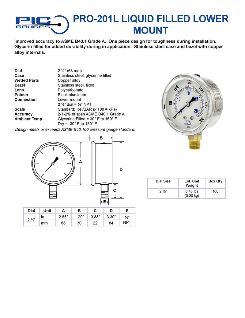 PIC Gauges PRO-201L-254P 0-3000 PSI Pressure Gauge, 2 1/2" Dial, 1/4" Male NPT Connection,Bottom Mount,Dual Scale,Glycerin Filled,Stainless Steel Case/Bezel, Brass Internals & Plastic Lens(Pack of 2)