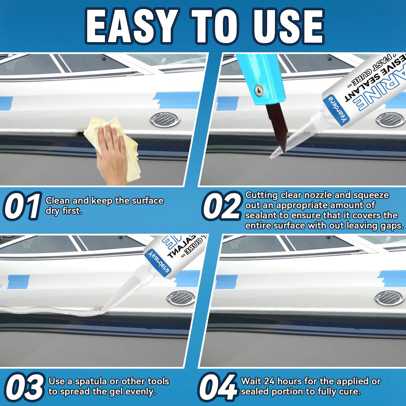 3.4 oz Marine Adhesive Sealant White, Marine Silicone Sealant Permanent, Marine Glue Waterproof, High Bond Strength, Fast Cure, UV Resistant, Above & Below Waterline