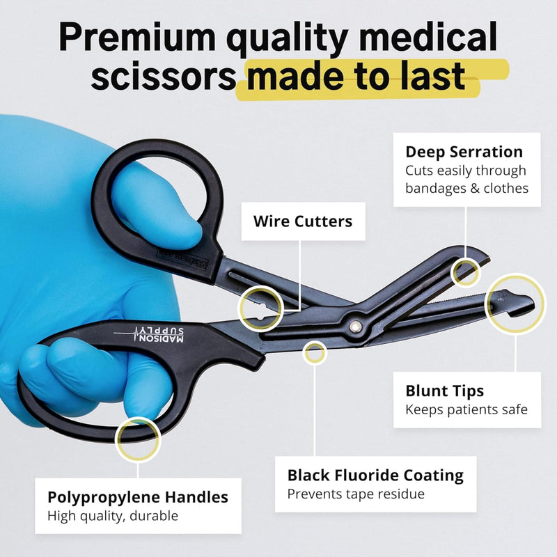 Madison 7.5" Premium Stainless Steel Nurse Scissors with Non-Stick Blades, Fluoride-Coated - 1pk, Black 1-Pack Black Handle/Black Coated Blades