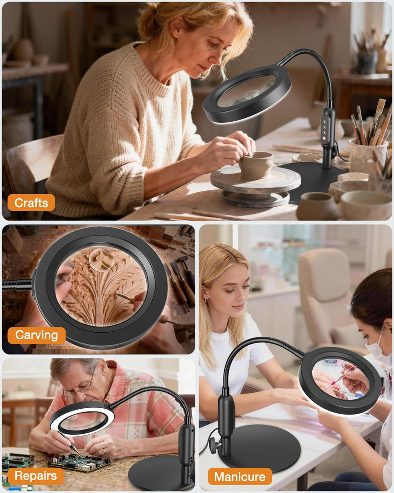 30X 10X Magnifying Glass with Light and Stand, 5 Color Modes Stepless Dimmable, Optical Grade HD Lens, LED Lighted Magnifier Hands Free with Flexible Gooseneck for Close Work, Craft, Hobby, Painting Black