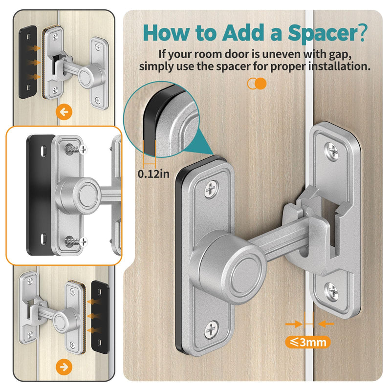 90°/180° Barn Door Lock, Heavy Duty Rust-Proof Zinc Alloy Security Sliding Door Lock - Gate Latch for Barn, Garden, Bathroom, Fence, Cabinet (Silver-2 Pcs) Silver-2 Pcs