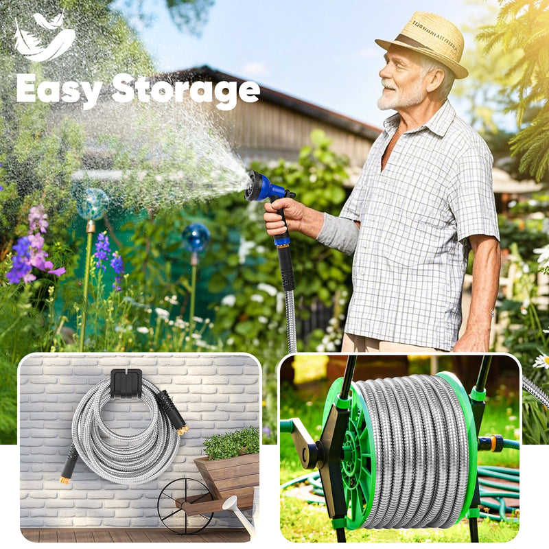 Garden Hose 50 ft, Stainless Steel Metal Hose, Flexible Water Hose with 10 Function Nozzle, Kink Free, Leak-Proof, Heavy Duty Hose for Yard, Outdoor, Lawn, RV, Car Wash and Camper Use 50FT