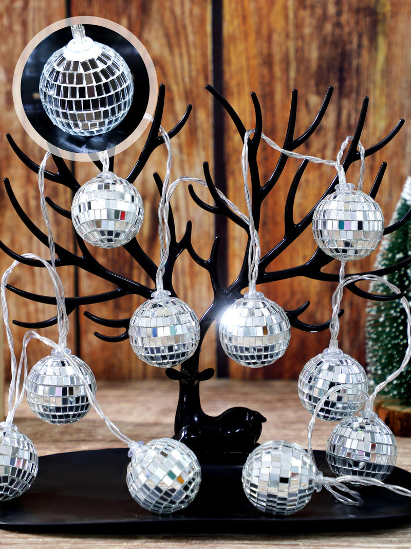 BBTO 10 LED Disco Ball String Light Mirror Disco Ball Ornaments 70s 80s 90s Disco Party Supplies Battery Powered Disco Balls with String for Christmas Tree Holiday Decor(Silver White,1.57 Inch) Silver White 1.57 Inch