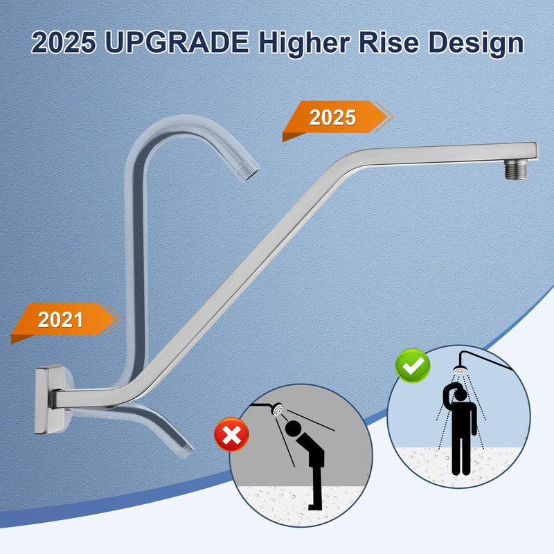 Square Shower Head Extension Arm with Flange, 16.5 Inch Z/S Shaped High Rise Shower Pipe Extender Wall-Mounted for Fixed Bathroom, Shower Head Goose Neck Arm - Extra Long Thread (Brushed Nickle) Brushed Nickle