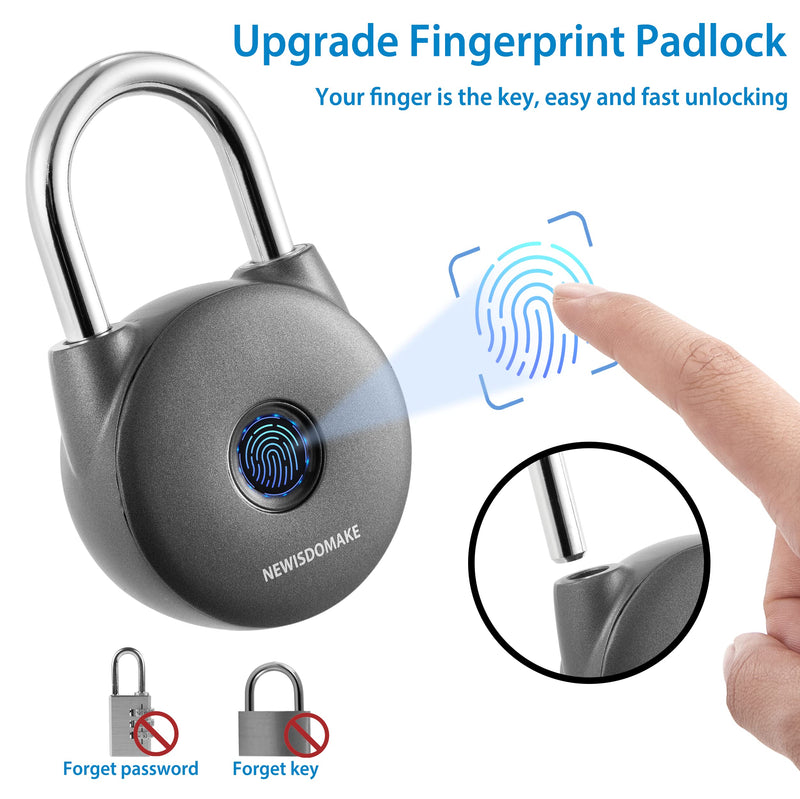 Fingerprint Padlock, Smart Lock with Key Backup, Waterproof for Gym, Luggage, Bookcase, Suitcase, Backpack, Bike, School Locker (Gray)