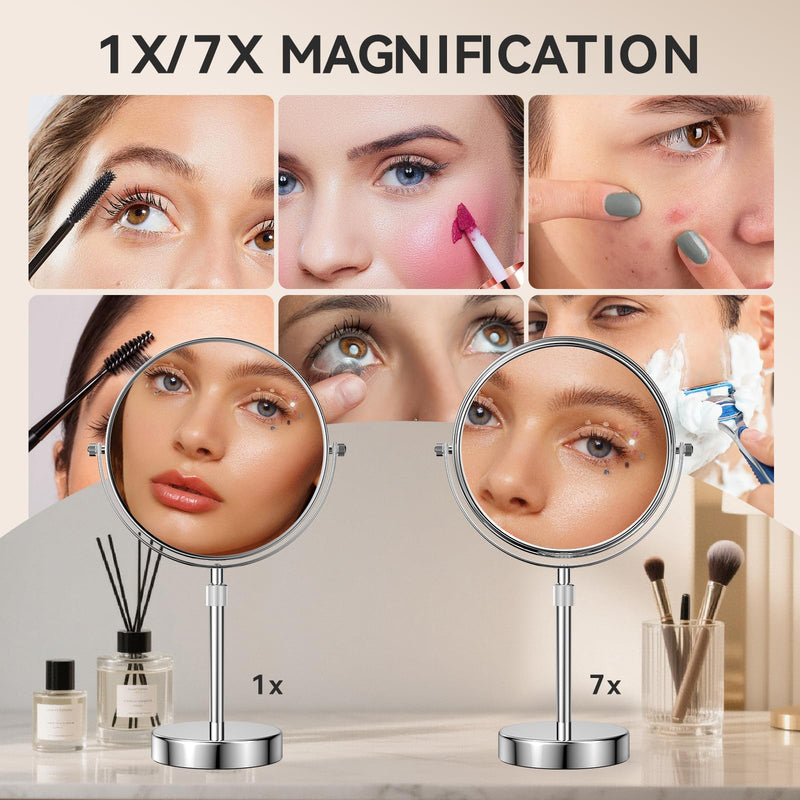 Nicesail Makeup Mirror Tabletop 8 Inch Double-Sided with 7X Magnification, Magnifying Mirror with Pedestal for Shaving Mirror, Height Adjustable for Make up Vainity Table, Chrome Finish (8 Inch, 7X) 19"L x 8"W No Light-chrome-7x
