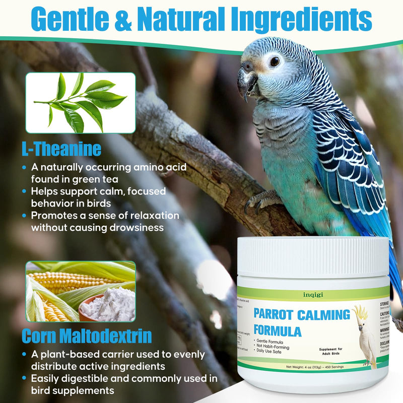 Parrot Calming Supplement – Natural Bird Stress Support Powder for Fireworks, Travel & Visitors – Vet-Formulated – Easy to Use Daily Support for Parrots – 4oz (450 Servings)