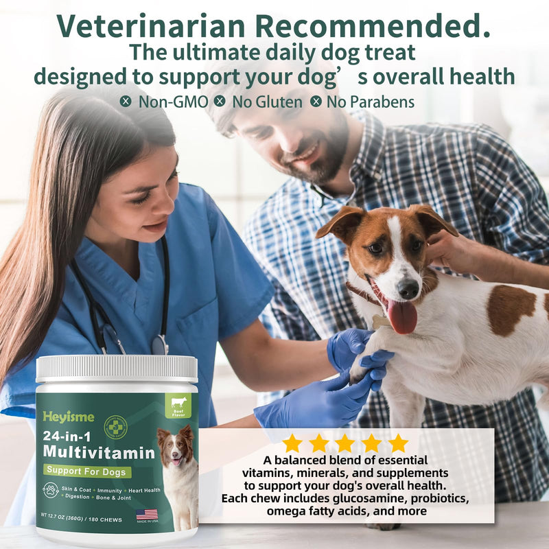 Dog Multivitamin, Glucosamine Chondroitin for Dogs, Dog Vitamins and Supplements, Probiotics, Krill Oil for Hip & Joints, Skin, Coat, Immune Health, Heart, Digestion (180 Chews, Beef) 180 Chews