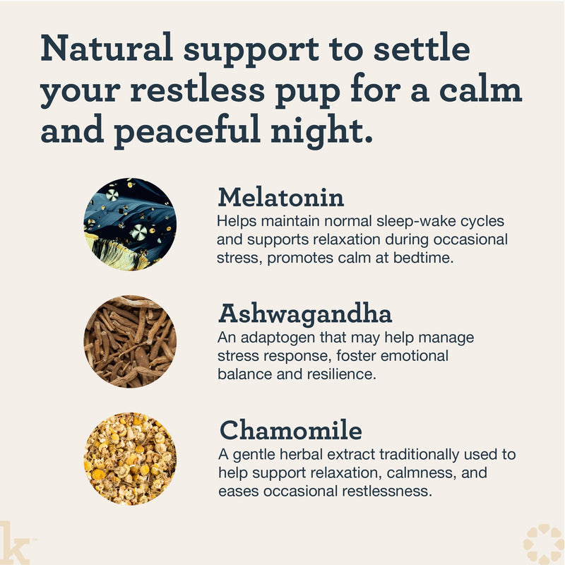 Kradle Nighttime Calming Chews for Dogs - Sleep and Relaxation Support - Melatonin L-Theanine Chamomile Ashwagandha - Calming Supplement for Bedtime and Stress - Chicken Flavor - 90 Chews