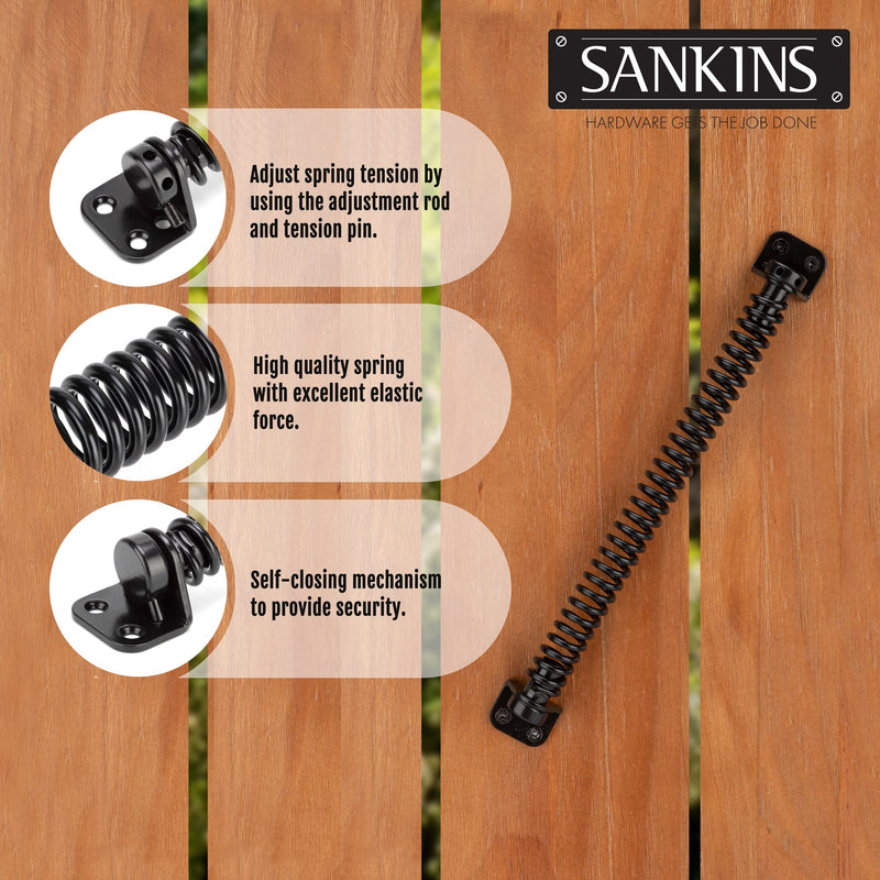 11-1/2" Gate Spring Self Closing Heavy Duty Outdoor Door Spring Automatic Metal Gate Closure Hardware with Adjustable Tool for Wooden and Vinyl Fence, Black, 2 Pcs