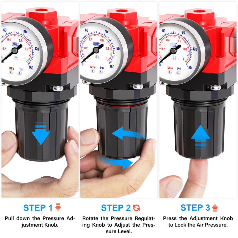 TAILONZ PNEUMATIC 3/8 Inch NPT 150PSI 3 in 1 Air Filter Pressure Regulator Combo Piggyback, Air Tool Compressor Filter, 5 Micron Filter Element(Manual Drainage)