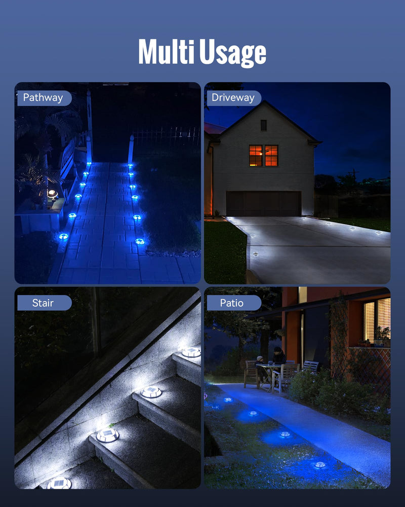 Solar Driveway Lights Dock Lights Waterproof 4 Pack, 2 Colors in 1, LED Solar Deck Lights for Outside, Solar Powered Ground Lights for Warning Driveway Stair Step Pathway(Blue & White) Blue Light & Cool White