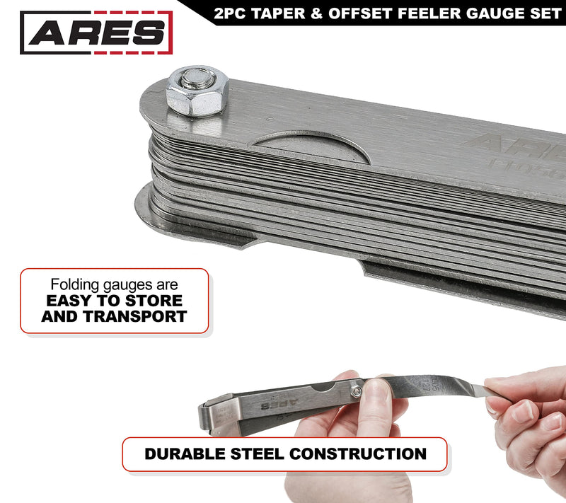 ARES 11042-2-Piece Tapered Feeler Gauge and Offset Feeler Gauge Set has 32 Dual-Marked SAE & Metric Sizes - Offset has 16 Dual-Marked Sizes - Precisely Measure Mechanical Clearances 2-Piece Tapered and Offset Feeler Gauge Set