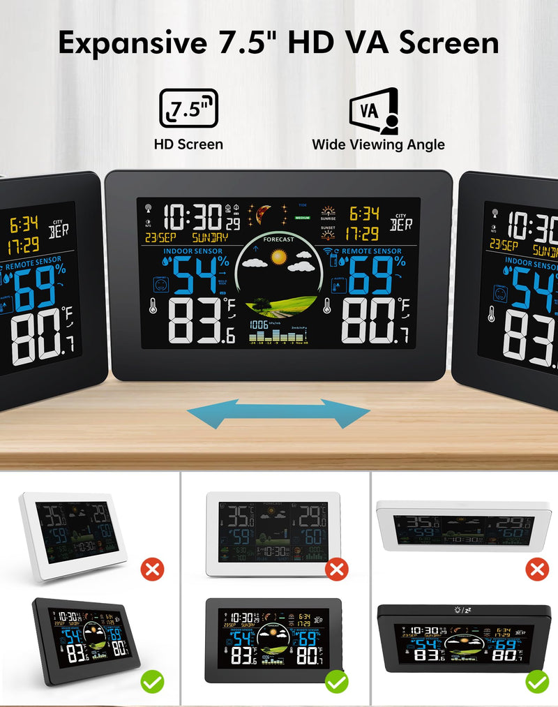 Weather Station Wireless Indoor Outdoor Thermometer, 7.5" VA Display with Remote Sensor, Home Weather Station with Weather Forecast, Temperature, Humidity, Atomic Clock, Moon Phase Black