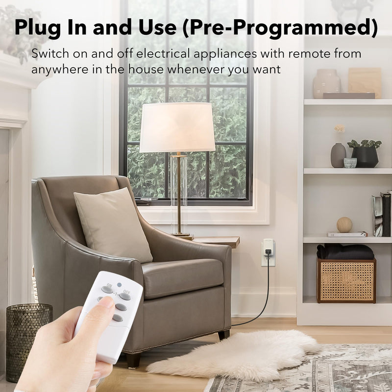 BN-LINK Mini Wireless Remote Control Outlet Switch Power Plug In for Household Appliances, Wireless Remote Light Switch, LED Light Bulbs, White (1 Remote + 3 Outlet) 1250W/10A 1 Remote + 3 Outlets
